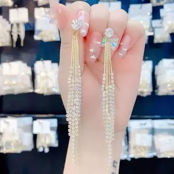 1 пара серег-гвоздиков, изящные, элегантные, темпераментные, роскошные, инкрустированные стразами, кисточки, модные линейные серьги