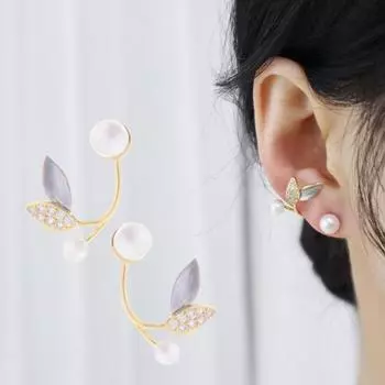 1 пара серег-гвоздиков с маленьким листочком на спине, висячие, милая имитация корейского стиля