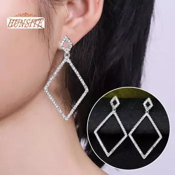 1 пара серег-гвоздиков с ромбами и стразами, геометрические преувеличенные элегантные висячие серьги для девочек, эффектные серьги, модные аксессуары, подарок серебряный