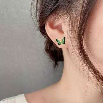 1 пара серег-гвоздиков с зелеными бабочками и покрытием, ювелирные изделия в корейском стиле, капающее масло