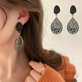 1 пара серег-гвоздиков в стиле ретро, богемный полый цветок, элегантный геометрический черный горный хрусталь, инкрустированный каплями воды чёрный