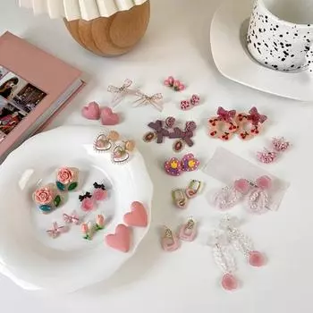 1 пара серег-капель для девочек розового цвета, серьги-гвоздики с декоративным искусственным жемчугом и бантом 19