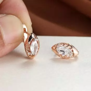 1 пара серег-капель огранки «маркиз» белого, красного, желтого, зеленого, черного цвета с камнями цвета розового золота, висячие полые серьги с камнями белый