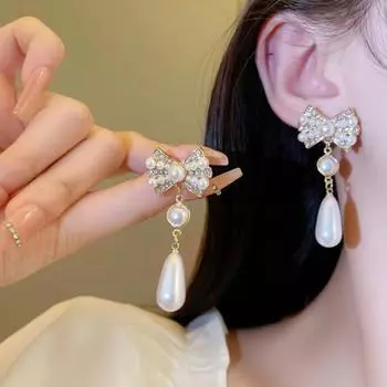 1 пара серег-капель в стиле ретро со стразами и бантом, длинные висячие серьги из искусственного жемчуга с кисточками, ювелирные изделия, подарок золотистый