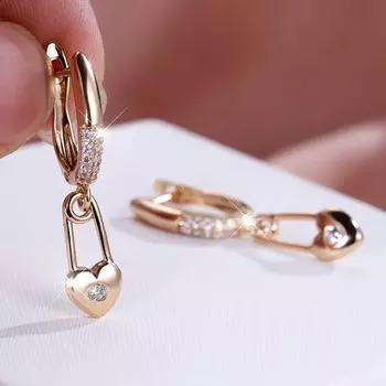 1 пара серег-капель золотого цвета с сердечком и белым камнем, висячие серьги-крючки, свадебные украшения, подарки золотистый