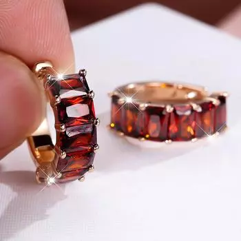 1 пара серег-капель золотого цвета с прямоугольной огранкой и красным камнем, висячие серьги-крючки, свадебные украшения, подарки красный