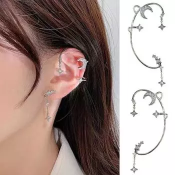 1 пара серег-клипс в форме луны, звезды, блестящие манжеты со стразами для