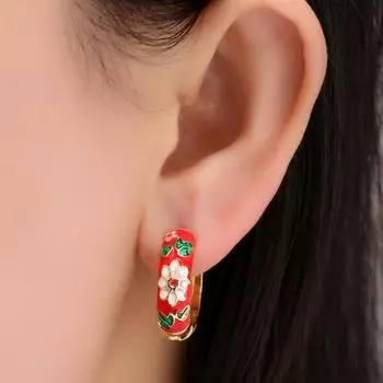 1 пара серег-кольца с цветочным принтом, элегантный круглый гвоздик в винтажном стиле чёрный