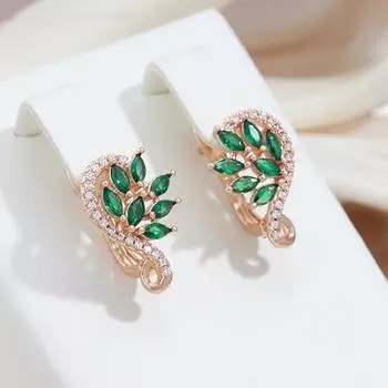 1 пара серег-кольца золотого цвета для женщин, серьги-капли с зеленым цирконом в форме листьев, изящные ювелирные изделия зелёный/золотой