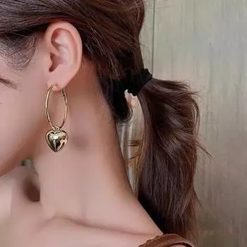 1 пара серег-кольцев, круглые серьги с подвеской в виде сердца, ювелирные изделия с покрытием, преувеличенный внешний вид, висячие серьги золотистый