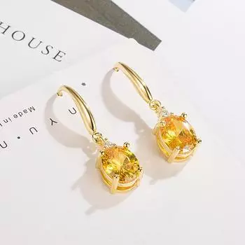 1 пара серег-крючков желтого золота овальной огранки с желтым камнем, обручальное кольцо, висячие серьги для женщин жёлтый
