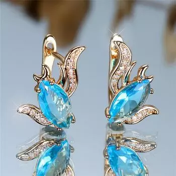 1 пара серег Marquise Aqua Blue Zircon для женщин, серьги-кольца с золотыми кристаллами и золотой рыбкой, ювелирные изделия в стиле Богемия аква голубой/золотой