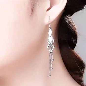 1 пара серег-подвесок с геометрическим рисунком, сплошной цвет, темперамент, ромб, длинная кисточка, крючок