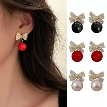 1 пара серег с бантом, женские серьги-гвоздики с подвеской, круглые элегантные серьги-капли со стразами, ювелирные изделия красный