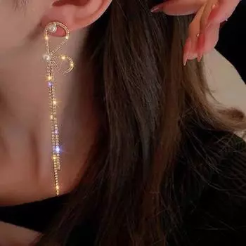 1 пара серег с кисточками, асимметричные банты, искусственный жемчуг, стразы, блестящее украшение, устойчивая к выцветанию длинная кисточка