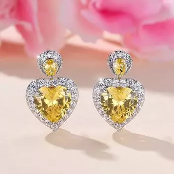 1 пара серег с желтым камнем в форме сердца для женщин, серьги-капли серебряного цвета, свадебные украшения жёлтый/серебряный