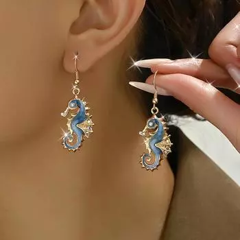 1 пара серег в стиле бохо-пляж с эмалированными стразами в виде морских коньков, элегантные женские украшения для свиданий и повседневной носки one size
