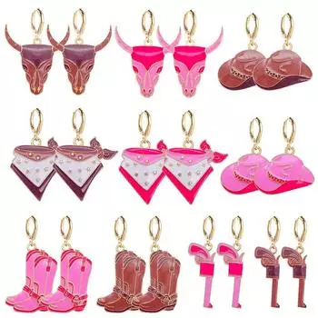 1 пара серег в стиле ретро с изображением коровьей головы, розовая шляпа, ковбойские сапоги, серьги-подвески в виде капли масла из сплава, ювелирные изделия