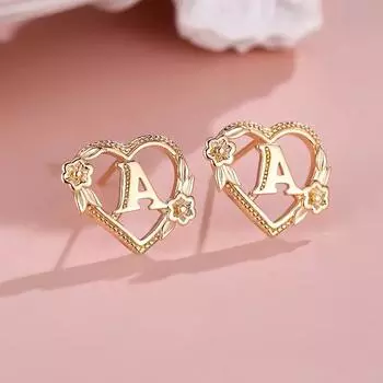 1 пара серег золотого цвета с 26 английскими буквами и сердечками, серьги-гвоздики с цветком розы, обручальное кольцо, ювелирные изделия, подарок на день Святого Валентина A