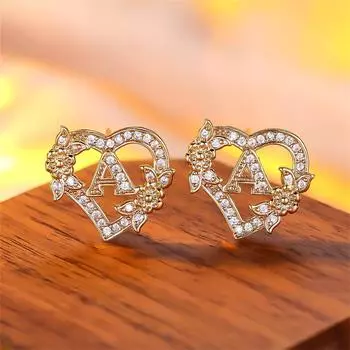 1 пара серег золотого цвета с 26 английскими буквами в стиле сердца, серьги с цирконием и цветком, обручальное кольцо, ювелирные изделия, подарок на день Святого Валентина A