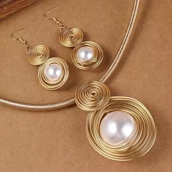 1 пара сережек + 1 ожерелье, комплект украшений в стиле бохо, ретро-спиральный дизайн, повседневные наряды, аксессуары для вечеринок, украшения ручной работы золотой