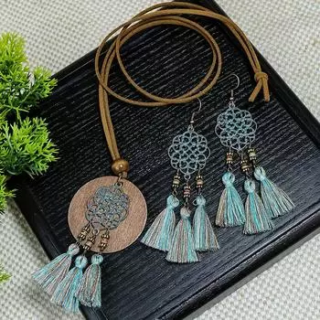 1 пара сережек + 1 ожерелье Комплект украшений в стиле бохо Ретро полый цветочный дизайн Подходит для повседневного использования синий