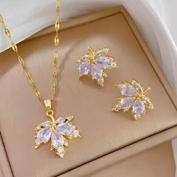 1 пара сережек-гвоздиков + 1 шт. ожерелье с золотым кленовым листом, комплект медных украшений с инкрустацией цирконием, винтажный элегантный стиль, модный женский подарок золотой