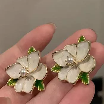 1 пара сережек-гвоздиков с эмалью и цветком камелии, милые элегантные серьги-гвоздики