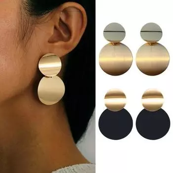1 пара сережек-гвоздиков с геометрическим рисунком, блестящий металл, маленький, большой, круглый лист, изящный, минималистичный, гипоаллергенный чёрный