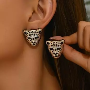 1 пара сережек-гвоздиков с головой животного в стиле панк, черные, золотистые, со стразами, леопардовым принтом, унисекс, повседневные, для вечеринок, подарки one-size чёрный/золотистый