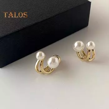 1 пара сережек Huggie из искусственного жемчуга C-образной формы во французском стиле, полые в стиле ретро, антиаллергенные, гальванические, легкие, из нержавеющей стали, украшения для ушей, ювелирные изделия, поездка на работу золотистый