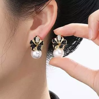 1 пара сережек-капель, искусственный жемчуг, блестящие стразы, серьги-гвоздики в форме цветка белый