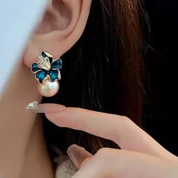 1 пара сережек-капель, искусственный жемчуг, блестящие стразы, серьги-гвоздики в форме цветка белый