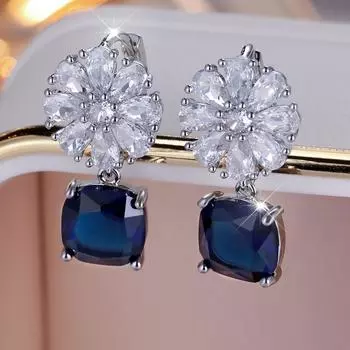 1 пара сережек-капель с голубым цирконием огранки «Принцесса» для женщин и девочек, серебряные серьги-цветы, ювелирные изделия для свадебной вечеринки синий/серебряный