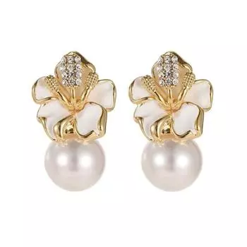1 пара сережек-капель с искусственным жемчугом и блестящими стразами в форме цветка, серьги-гвоздики для выпускного вечера, юбилея, ювелирного подарка белый