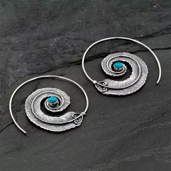 1 пара сережек-кольца, винтажные серьги в стиле бохо, искусственная бирюза, геометрические круглые украшения, резные женские спиральные