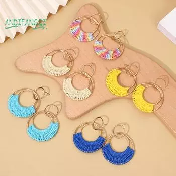 1 пара сережек-кольцев из рафии с геометрическим узором, летнее кольцо в стиле бохо, пляжный отдых, вечеринка, соломенные серьги-гвоздики, висячие серьги, модные аксессуары, идеальный подарок темно-синий