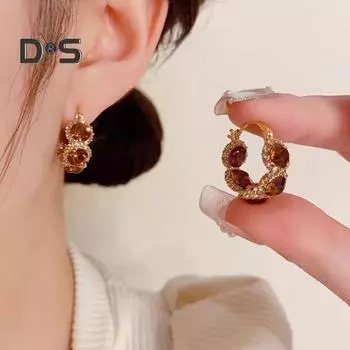 1 пара сережек-колец Huggie в стиле ретро с кубическим цирконием, маленькие серьги-кольца, геометрические роскошные городские серьги для выпускного вечера, официальной вечеринки, свиданий, ювелирных изделий коричневый