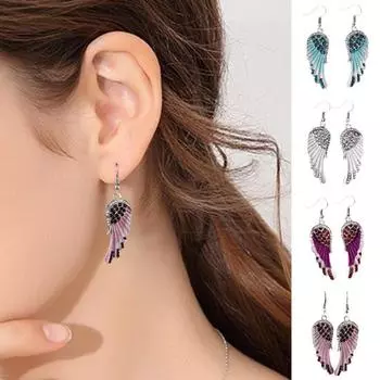 1 пара сережек-крючков с инкрустацией блестящими стразами в форме крыльев ангела, симметричная капля белый