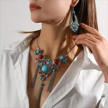 1 пара сережек-подвесок + 1 ожерелье с преувеличенной бирюзовой смолой и инкрустацией из цинкового сплава, комплект ювелирных изделий в стиле бохо для женщин, подарок синий