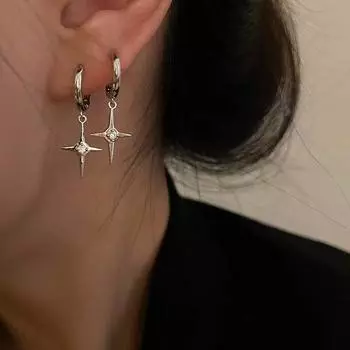 1 пара сережек-подвесок Goth Harajuku Sweet Cool Silver Color Metal Stars Cross Circon для женщин, эстетические аксессуары, ювелирные изделия OneSize