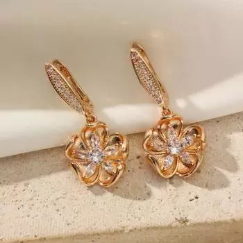 1 пара сережек-подвесок Grace Flowers для женщин, ювелирные изделия из кубического циркония, аксессуары для свадебной вечеринки золотой