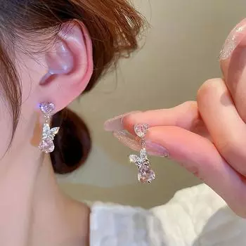 1 пара сережек в виде сердечек кролика — синтетические драгоценные камни, украшения для ушей из сплава для повседневного ношения и пасхальных торжеств розовый