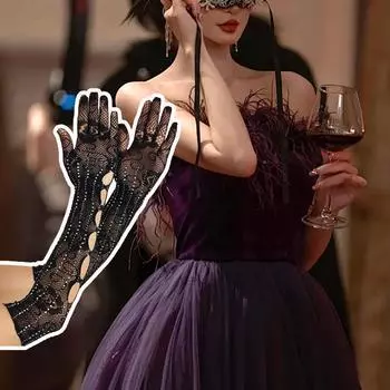 1 пара сексуальных длинных перчаток с розовым узором, блестящими бриллиантами, для танцев, ажурная сетка, черный шикарный дышащий материал