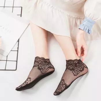 1 пара сексуальных сетчатых шелковых женских носков, ультратонкие прозрачные кружевные, высокая эластичность чёрный