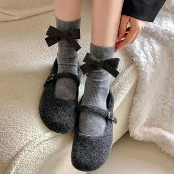 1 пара шерстяных носков для отдыха, утолщенных, однотонных, без косточек, универсальные носки с бантом, однотонные красный