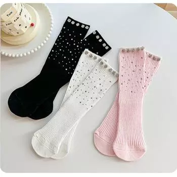 1 пара шикарных блестящих носков для девочек со стразами, корейские милые шикарные носки средней длины для детей, весна-осень, хлопковые мягкие школьные носки чёрный