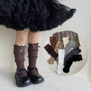 1 пара шикарных осенних носков для девочек из телячьей шерсти, корейские модные носки с оборками и бантом для детей, мягкие хлопковые школьные носки, одежда, аксессуары