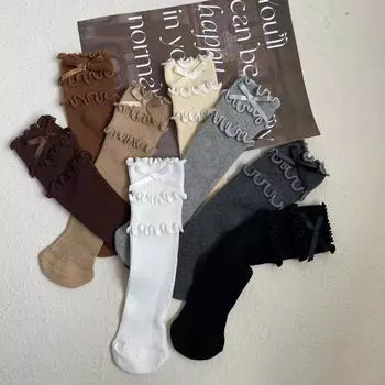 1 пара шикарных осенних носков для девочек из телячьей шерсти, корейские модные носки с оборками и бантом для детей, мягкие хлопковые школьные носки, одежда, аксессуары
