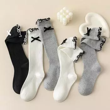 1 пара шикарных простых детских носков для девочек, милые модные детские носки с бантом и оборками, для девочек, хлопковые школьные носки на весну и осень S 3-5 Year серый